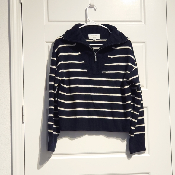 La Ligne Navy and Cream Striped Knit Half Zipper Sweater